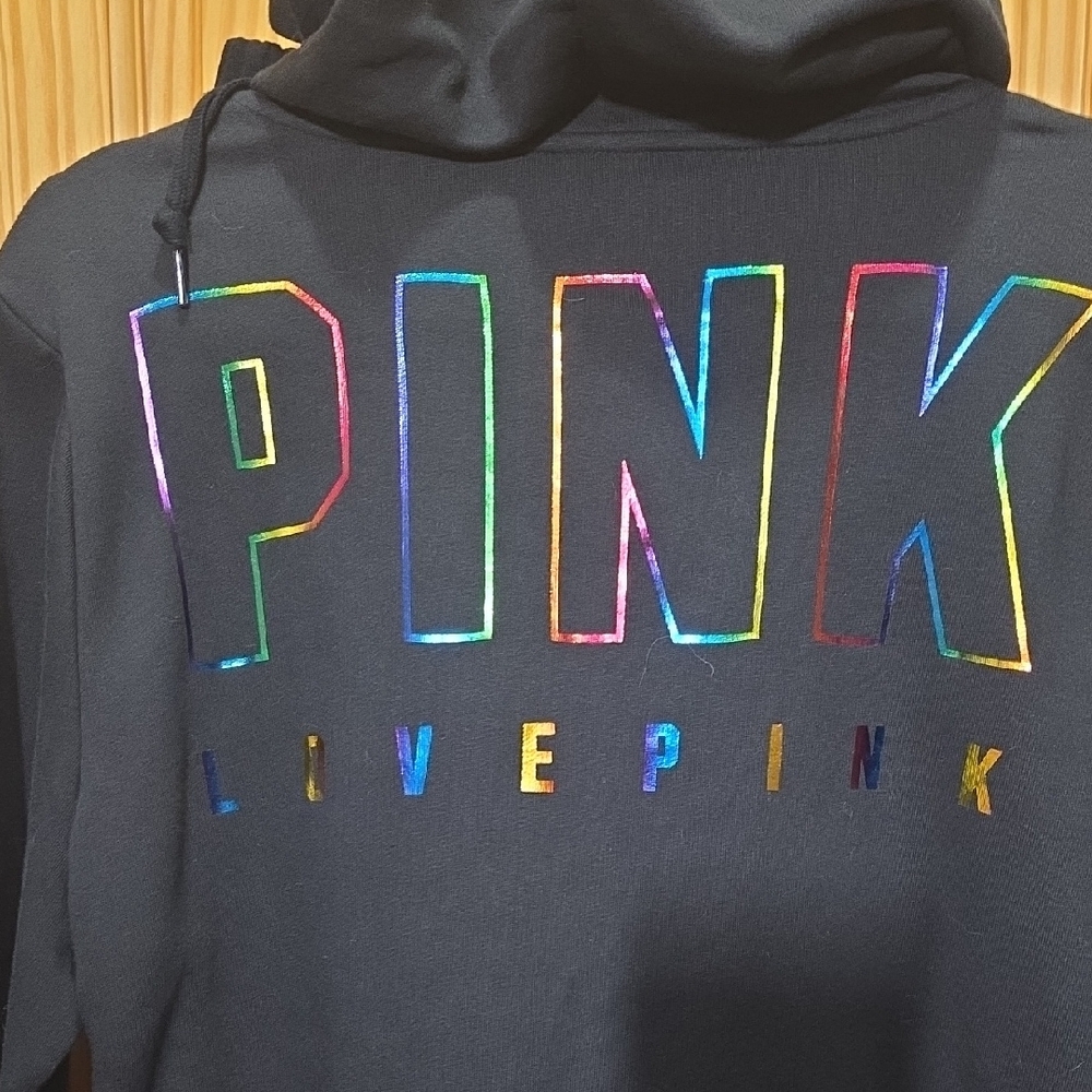 NWT VS PINK- Black Hoodie and Pants Set with Iriescent Rainbow Foil Logo L/XL - Picture 2 of 9